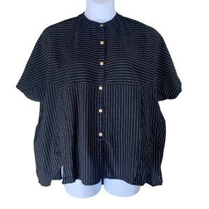 Lian Xun Size Large Blouse Black White Striped Boxy Fit Button Front Shirt